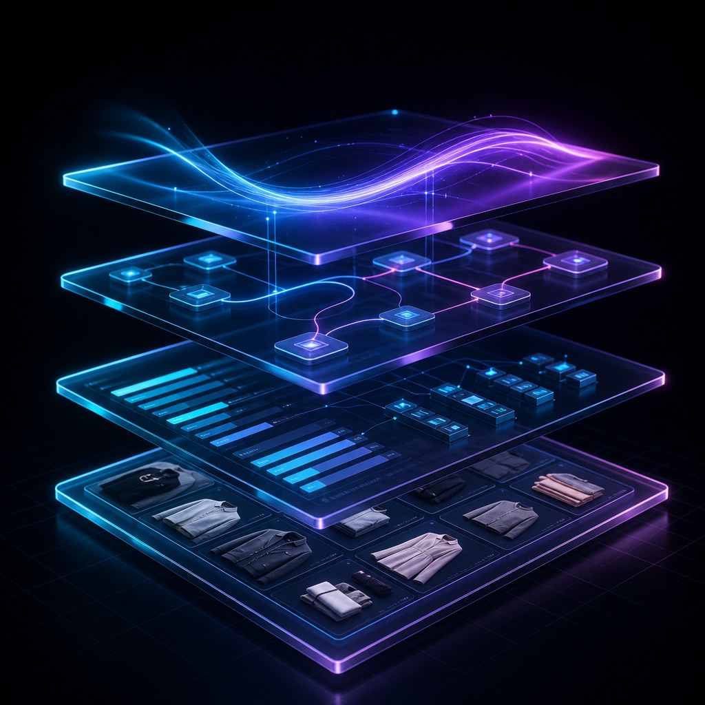 Layered AI-native commerce stack: storefront, merchandising, operations, and agents