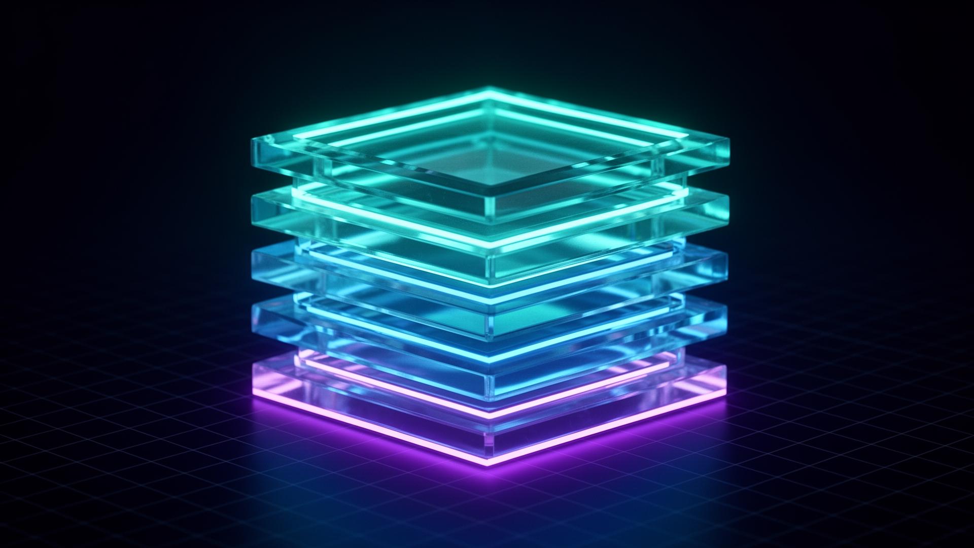 Layered translucent commerce stack with glowing neon edges